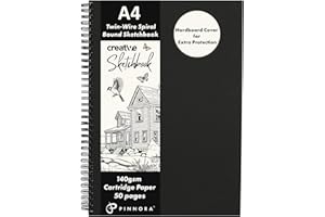 PINNORA Creative A4 Sketchbook (140GSM) - Black Hardcover Sketch Book with Thick Cartridge Paper | Twin-Wire Spiral Bound Sketch Pad, A4 Drawing Pad for Sketching - Art Book for All Ages (50 Pages)