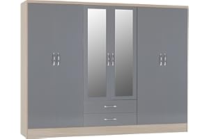 Seconique Nevada 6 Door 2 Drawer Wardrobe in Grey Gloss/Light Oak Effect Veneer, 230 x 52 x 182.5 cm