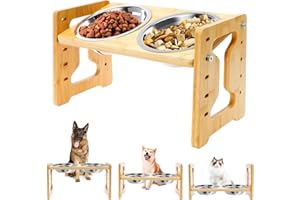 GUNIATA Ciotola per cani rialzata, regolabile in altezza, con 2 ciotole in acciaio inox, 5 altezze regolabili per cani e gatti (A)