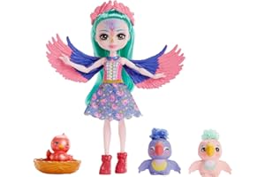 Enchantimals City Tails Main Street Familia de Loros Muñecas Filia Finch y Sus Hermanas, con Mascotas y Accesorios, Juguete +4 años (Mattel HKN15)