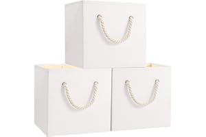 Yawinhe Cajas de Almacenaje, Cubos de Almacenamiento de Tela, Cajas de Almacenamiento Plegables, Cestas Organizadoras, para Ropa, 33x33x33cm, Blanco, 3-Pack