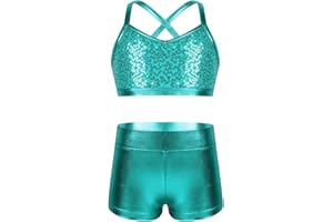 FEESHOW Maillot de Bain 2 Pieces Enfant Fille Costume Gymnastique Brillant Paillette Ensemble Danse Tenue Ballet Gym Haut Gilet à Bretelle & Short de Danse Sport Outfit