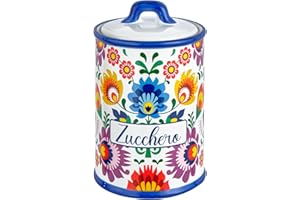 Baroni Home Barattolo Zucchero Decorato in Ceramica con Coperchio Ermetico, Accessorio da Cucina Colorato Resistente, Linea Flora, 11x11x17 cm