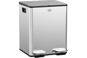 HOMCOM Poubelle de cuisine double, 2 x 20L, poubelle à pédale en acier inoxydable, 2 couvercles à fermeture douce, seaux intérieurs amovibles et poignées anti-empreintes digitales 45,8x36x51,6cm