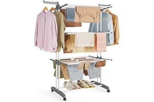 ‎SONGMICS SONGMICS Wäscheständer, Standtrockner 4 Ebenen, Flügelwäscheständer, klappbare Flügel, mit Rollen, 63,5 x 128 x 173 cm, groß, einfacher Aufbau, für Innen- und Außenbereich, weiß LLR701W01