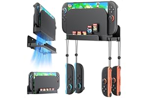 Auarte Support Mural pour Nintendo Switch 2, Support pour Switch Accessoires avec 5 Fentes pour Cartes de jeu et 4 Crochets pour Joy-pad, Étagère Murale en Métal avec Dissipation Thermique Creuse