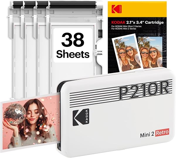 KODAK Mini 2 Retro 2x3 Mobile Photo Printer, 38 Sheets, Bluetooth Phone Printer Compatible With iOS & Android Smartphones, Instant Color Prints, 4PASS Dye Sublimation, White - 1