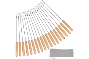 STYDDI 18 Pcs Stainless Steel Fondue Forks with Oak Wood Handle Heat Resistant, Color Coding Cheese Chocolate Fountains Skewers Marshmallow Roasting Sticks, 9.5inch