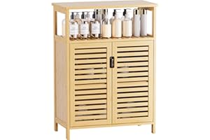 HITNET Szafka łazienkowa, bambusowy boczny organizer do przechowywania z podwójnymi drzwiami i półkami, wolnostojąca szafka podłogowa do salonu, kuchni, przedpokoju, naturalna