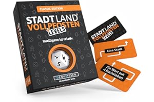 DENKRIESEN - Stadt Land Vollpfosten® Levels – Classic Edition | 60 Spielkarten und Blitzwürfel ab 12 Jahren | ca. 30 min Spielzeit für 2-6 Spieler | Familienspiel im Stadt Land Fluss Stil