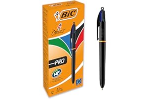 BIC 4 Couleurs Pro Stylos-Bille Rétractables (Pointe Moyenne (1 mm) / Parfait pour l'Ecole et au Bureau) - Couleurs Assorties, Boîte de 12