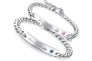 Flongo 2Pcs Bracelet Her King & His Queen Acier Inoxydable Chaîne de Main Couple Amoureux Gourmette pour Femme Homme Or Rose&Noir Cadeaux Noël Saint Valentin Mariage