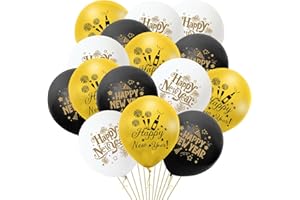 iwiio 15Pcs Happy New Year Balloons, New Years Eve Decorations 2026, Black White and Gold Latex Balloons for New Year Eve Party Supplies 2026