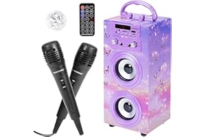 DYNASONIC Karaoke Machine with 2 Microphones, Portable Bluetooth Speaker with Lights, USB and SD Reader, Gift for Children Ages 5-13 (Model 18 lights)