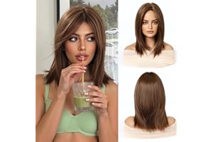 Esmee Parrucca Corta Liscia Bob Marrone con Frangia a Tendina Lunghezza Spalle Parrucca Naturale Sintetica per Uso Quotidiano Feste Cosplay per Donne