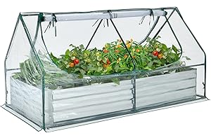 COSTWAY Cama de Jardín Elevada Galvanizada con Invernadero, Huerto Urbano Elevado, Jardinera Exterior sin Fondo con Cubierta, Ventanas Enrollables de 2 Niveles (180 x 90 x 91 cm)
