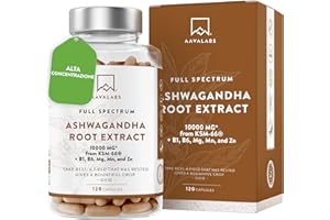 AAVALABS Ashwagandha KSM-66 10000mg Alto Dosaggio (Estratto di Ashwagandha Bio 10:1) Vitamina B6 B1 Zinco Magnesio Manganese, Vegan Ashwaganda Withania Somnifera Ginseng Indiano 5% Withanolidi - 120 Capsule