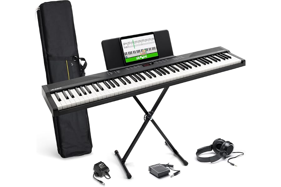 Alesis Teclado Piano con 88 Teclas y 480 Sonidos, Altavoces, MIDI USB, Estuche, Soporte, Auriculares, Pedal y Lecciones de Pi