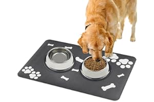 Lurowo Pet Feeding Mat Super Absorbent Dog Cat Food Mat with Rubber Non Slip Bottom Quick Dry Washable Dog Bowl Mat for Floors (Bone Paw Pattern-Dark Grey, 40 * 60cm)