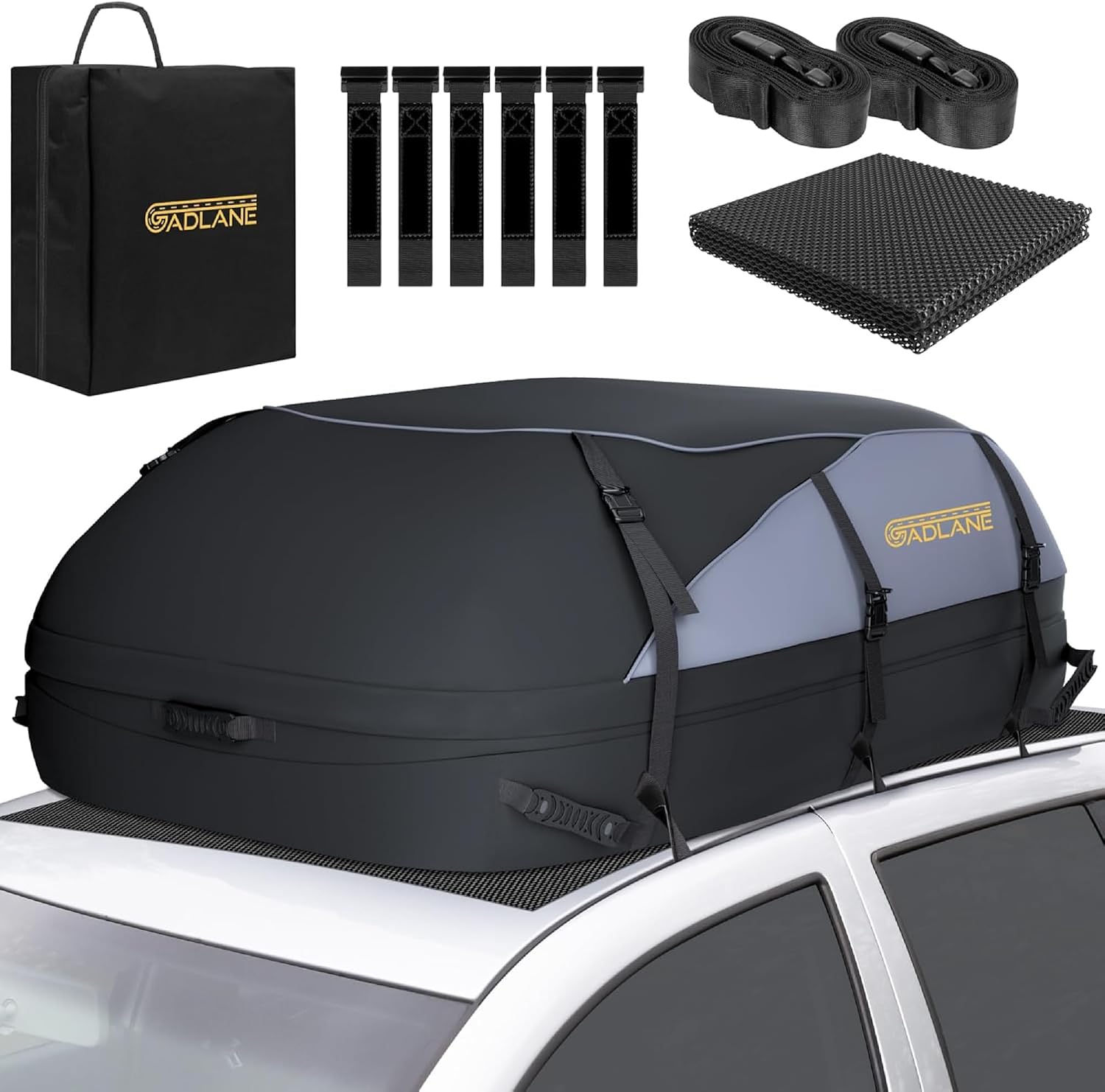 GADLANE Car Roof Bag - 20 Cubic Feet (550L) Waterproof Roof Boxes for Cars with/without Roof Rack with 6 Sturdy Straps, Anti-Slip Mat & Storage Bag for Cars, SUVs, Travel, Holidays Roof Box Storage