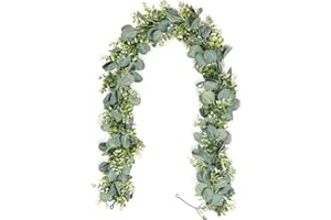 Falflor Greenery Garland Realistic Handmade Eucalyptus Leaves Vine 1PCS Fake Boxwood Garland for Wedding Table Crafts Wall Mantel Home Decor