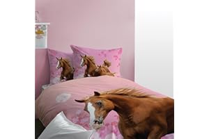 AYHOME Matt&Rose Mädchen Bettwäsche 135x200 80x80 cm 100% Baumwolle Pferd rosa mit Blumen