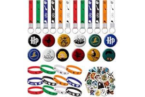 PIUMOJ Harry Cadeau de Fête d'anniversaire pour Enfants, Potter Anniversaire Party Favors avec 12 Badges de Dessin, 12 Bracelet en Silicone, 12 Porte Clés, 50 Autocollants, 86 petits