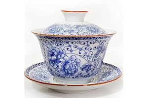 NIUKOMY Gaiwan taza, Taza de Té Kung Fu, Taza de Té de Cerámica con Tapa y Platillo Taza de Té de Porcelana China (200ml Peonía)