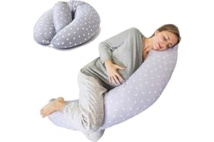KasaBona Pregnancy Pillow 2-in1 XXL Washable Maternity Full Body Pillow for Pregnant Women Sleeping Pillow Nursing Baby Support 100% Cotton Pillowcase and Removable Centre (Grey-white hearts)