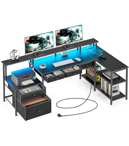 Seventable Computerbureau met stopcontacten en LED-licht, 55 inch thuiskantoor bureau met 5 laden, schrijfbureau met monitorstandaard, werkbureau voor thuiskantoor, zwart