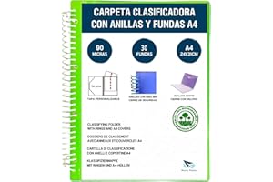 Raylu Paper® – Carpeta clasificadora con anillas con fundas transparentes A4 de 90 micras y sobre con cierre de velcro, tapa personalizable. Carpeta de fundas 100 % biodegradable. (30 Fundas, Verde)