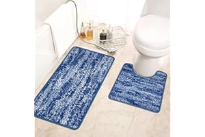 ORTIGIA Bath Mat Sets 2 Piece Non-Slip Super Absorbent Bathroom Mats Soft Bath Mats Machine Washable Rubber Backed Bath Rug Toilet Mat for Bathroom Laundry Shower Bedroom Blue 44x80cm + 44x50cm