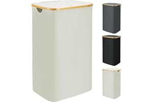 Bellzacasa Wäschekorb mit Deckel, 110L groß Wäschebox mit Bambus Henkel und Herausnehmbaren Wäschesack Laundry Basket with Lid, Faltbarer Wäschekörbe Waschekorbsammler mit Deckel (Beige)