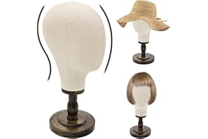 GHWMYD Soporte de madera para peluca con cabeza de maniquí realista de lona de 21.7 pulgadas, elegante exhibición y almacenamiento para pelucas, sombreros, gorras, tocados y accesorios, estante