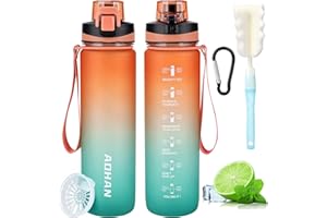 YANIKY Butelka na napoje, 1 litr, ze znacznikami czasu i filtrem, szczelna, sportowa butelka na wodę, nie zawiera BPA, outdoorowa butelka sportowa, na kemping, do szkoły (pomarańczowo-zielona)