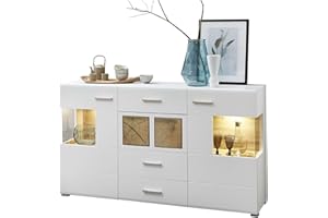 ‎STELLA TRADING Stella Trading Fun Plus Sideboard weiss mit schönen Hirnholz-Applikationen - Moderne Kommode inkl. LED Beleuchtung - 170 x 94 x 42 cm (B/H/T)