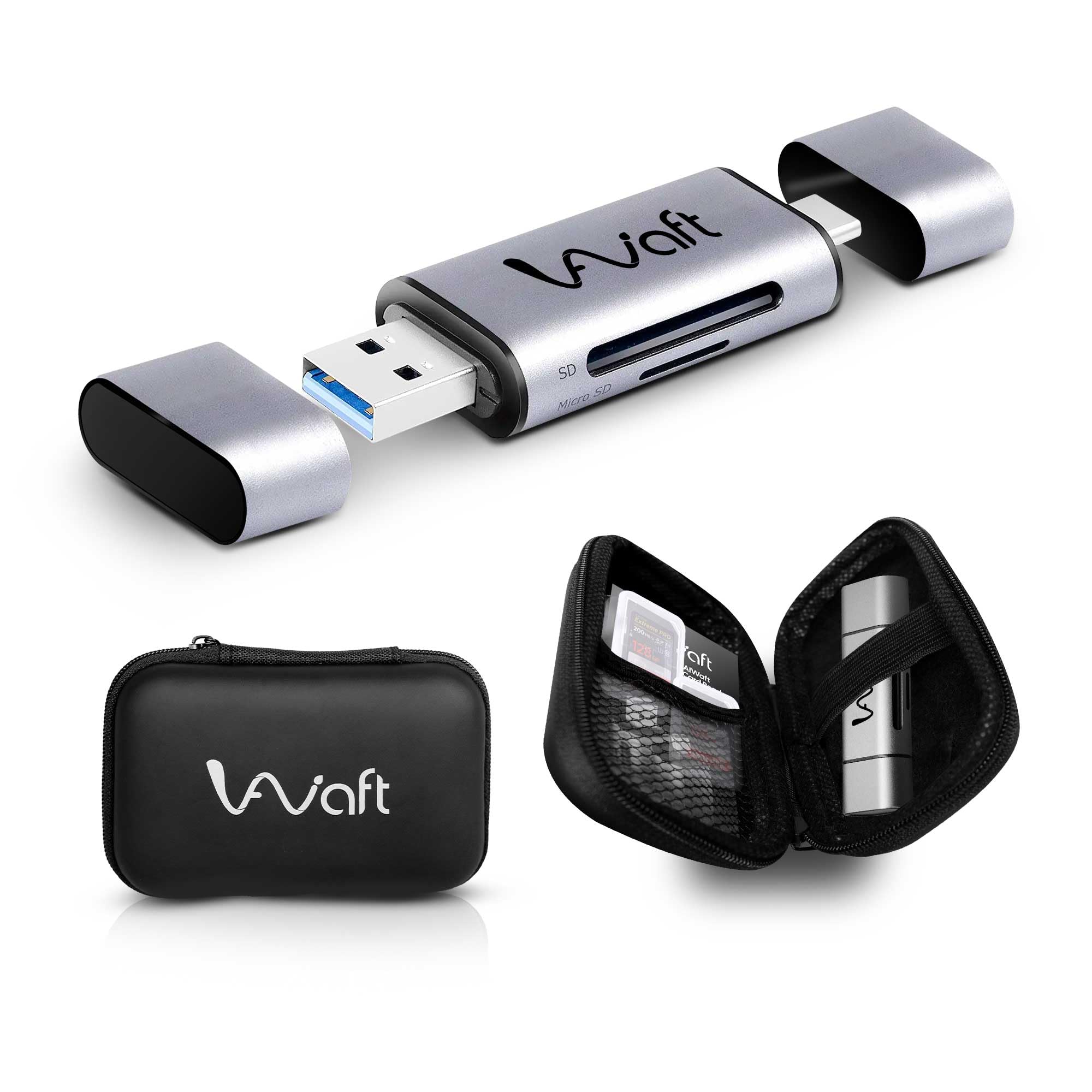 AIWaft 2-in-1 High-Speed Card Reader | USB 3.0 & Type-C | Premium Aluminum Body with Protective Case | Supports SD, SDHC, SDXC, MicroSD | Fast Data Transfer & OTG Compatible for All Devices