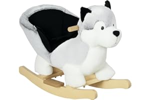 HOMCOM Husky Baby Rocking Horse for Toddlers, Plush Wooden Child Rocking Animal with Sound, Seatbelt, Gift for Ages 18-36 Months, Kids Ride-On Toy for Indoor Use - Grey