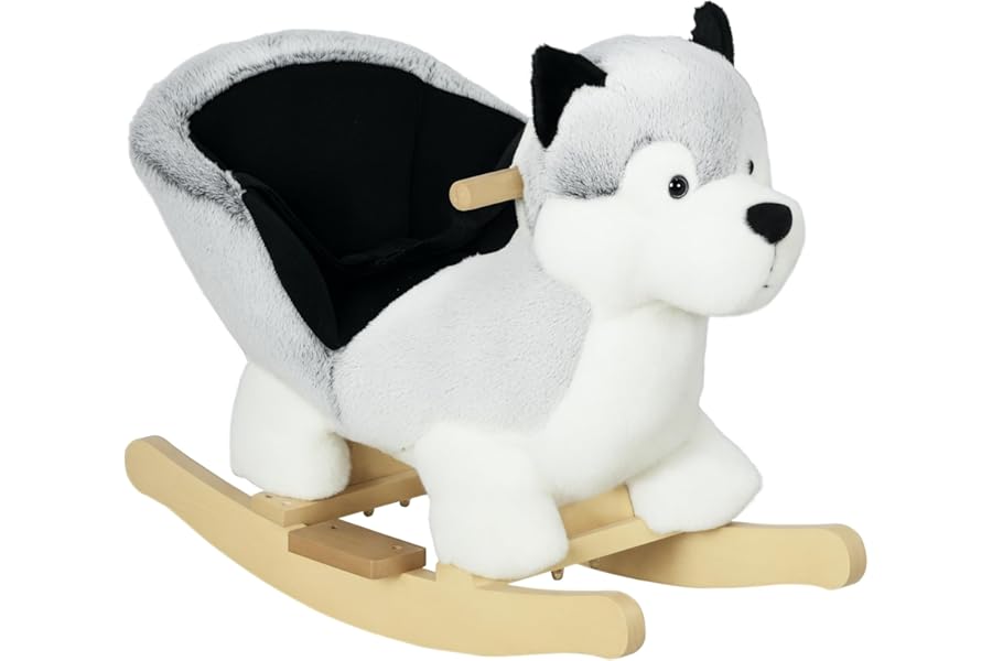 HOMCOM Husky Baby Rocking Horse for Toddlers, Plush Wooden Child Rocking Animal with Sound, Seatbelt, Gift for Ages 18-36 Months, Kids Ride-On Toy for Indoor Use - Grey