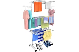 H Houseware Single Pole Stainless Steel 3 Tier Cloth Drying Stand with Wheels Lightweight Clothes Dryer & Laundry Rack 43.2D x 78.7W x 165H cm Rustproof & Portable (White)