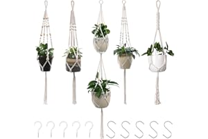 BASVII Makrama wiszący kosz zestaw 5, boho deko bawełna lina wiszący kosz beżowy doniczka dla roślin uchwyt wieszak do wewnątrz, na zewnątrz, ogród, balkon, patio, okno, Lina do zawieszania doniczek 5szt