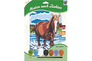 MAMMUT SPIEL & GESCHENK MAMMUT 105050 – malowanie według liczb, motyw zwierzęcy, koń, kompletny zestaw z nadrukowanym szablonem do malowania w formacie A4, 7 farb akrylowych i pędzli, zestaw do malowania dla dzieci od 8 lat