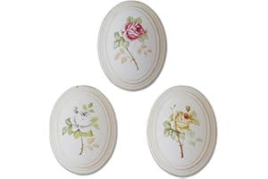 CVHOMEDECO. Relief Painting Still Life Hand-panted Rose on Oval Wooden Frame, Oil Painting for Wall Décor. Red, White, Yellow, 6.75 x 8.75 Inch, Set of 3.