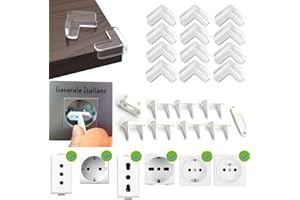 OPULA 𝗢𝗣𝗨𝗟𝗔 8x Copriprese per Bambini Universali Italiane e Schuko, 12x Paraspigoli Bambini Gomma, Para Spigoli Angolari Mobilia, Copri Prese Corrente Bambini, Kit Sicurezza Bambini Casa Mobilia