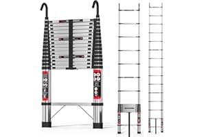 LUCN 5M Telescopic Ladder with Detachable Hooks Stainless Steel Heavy Duty Extendable Foldable Multi Purpose 16.5ft Ladder, More Sturdy and Durable than Aluminum Ladder