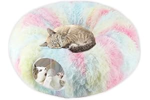 NATNAV Katzentunnel Rund mit Katzenbett Flauschig, Weicher Plüsch Katzen Donut Tunnel für Kleine Mittlere und Große Katzen,als Schlafplatz und Multifunktionales Katzenspielzeug Set (Regenbogenfarben)