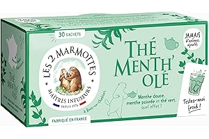 Les 2 Marmottes Thé Menth'olé - Thé vert 100% BIO à la menthe douce et poivrée - Vitalité et Fraicheur - Pour Le Petit-Déjeuner - Froid ou Chaud - Made In France - Sans arômes ajoutés - 45g