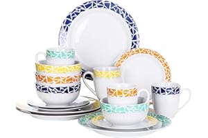 VEWEET, Series CECIL, 16-Piece Dinner Set of Porcelain Combination Set with 10.75" Dinner Plate, 7.5" Dessert Plate, 5.5" Cereal Bowl and, 380ml Mug, Service for 4