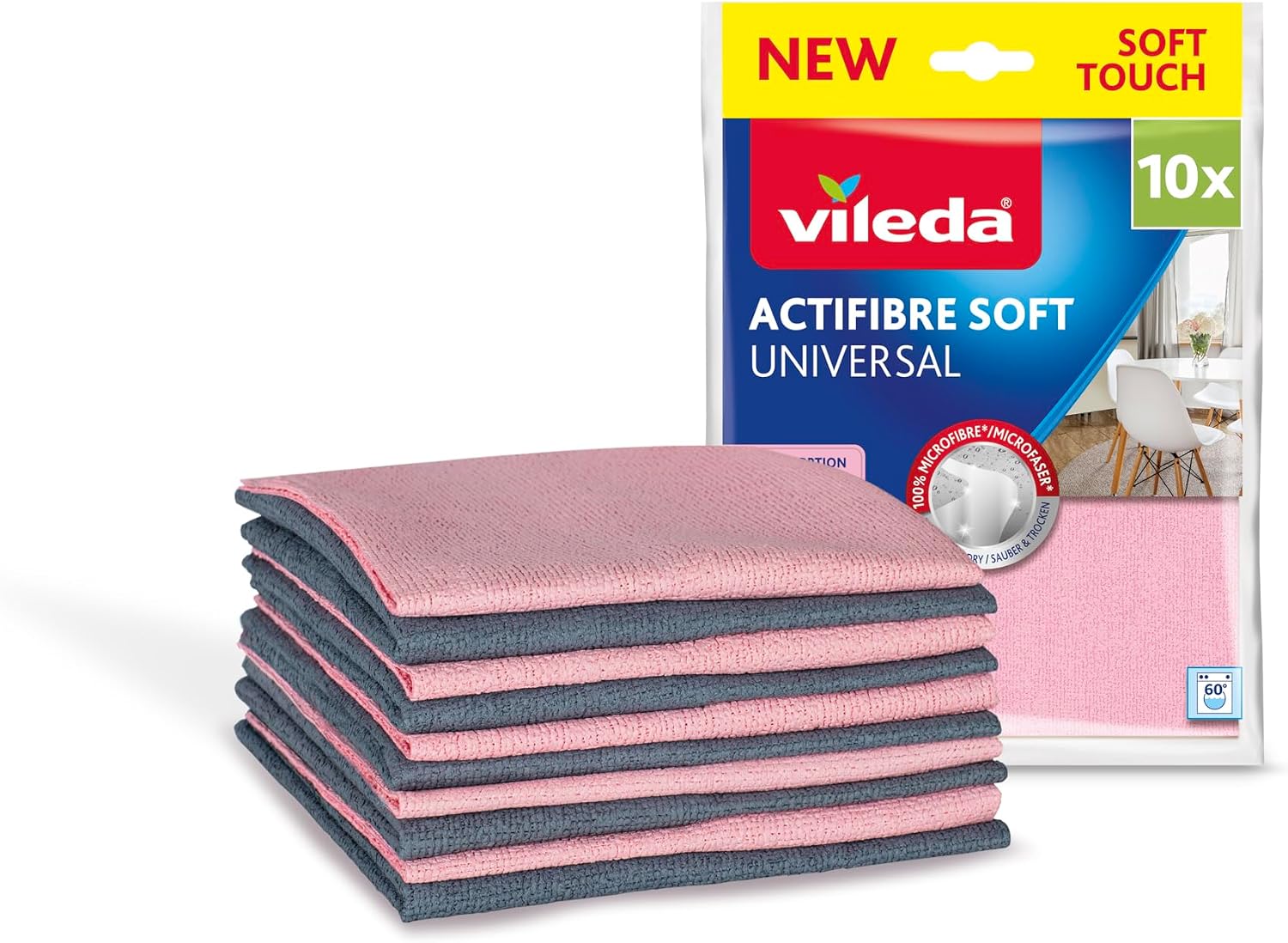 Vileda Actifibre Soft I Pack de 10 Bayetas 100% Microfibra | Limpieza Profunda | Alta Absorción y Sin Rayas | para Superficies Lisas