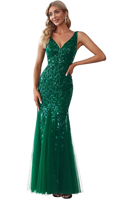 Vestito Da Cerimonia Ever-Pretty Sirena Con Paillettes, Scollo A V, Senza Maniche, Stile Impero - Per Matrimoni, Feste, Eventi Formali